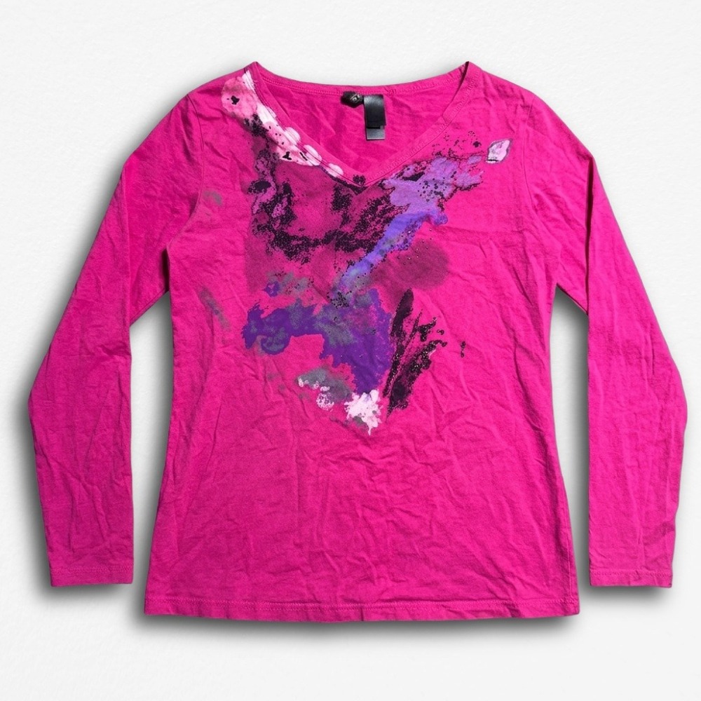 Bisou Bisou Pink Abstract Graphic V-Neck Long Sleeve Cotton Tee Shirt Womens L